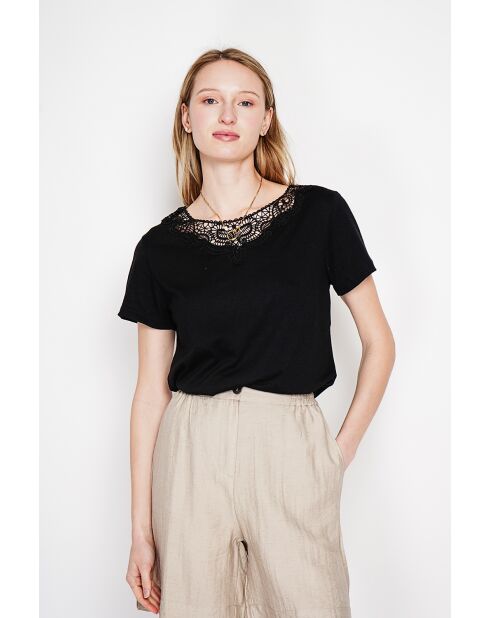 Sylvie schwarzes T-Shirt mit Rundhalsausschnitt aus Leinenmischung