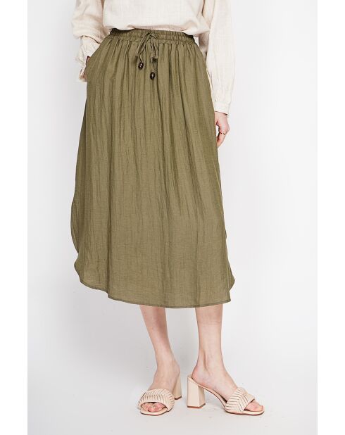 Odette kaki uitlopende lange rok van linnenmix