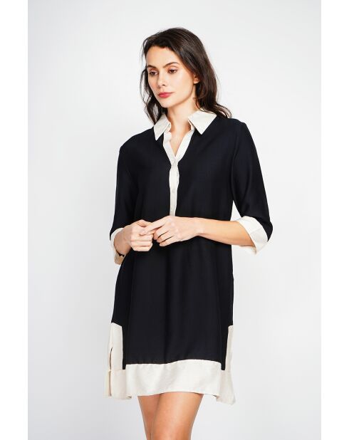 Bernadette tweekleurige linnen hemdjurk in zwart