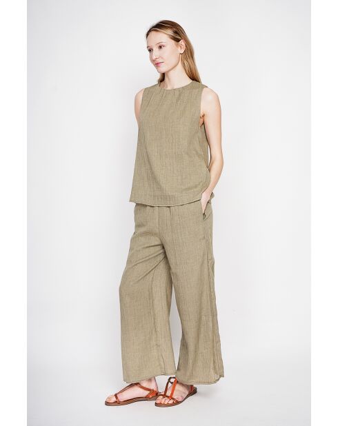 Sandrine Khaki S and M Leinenoberteil mit Rundhalsausschnitt