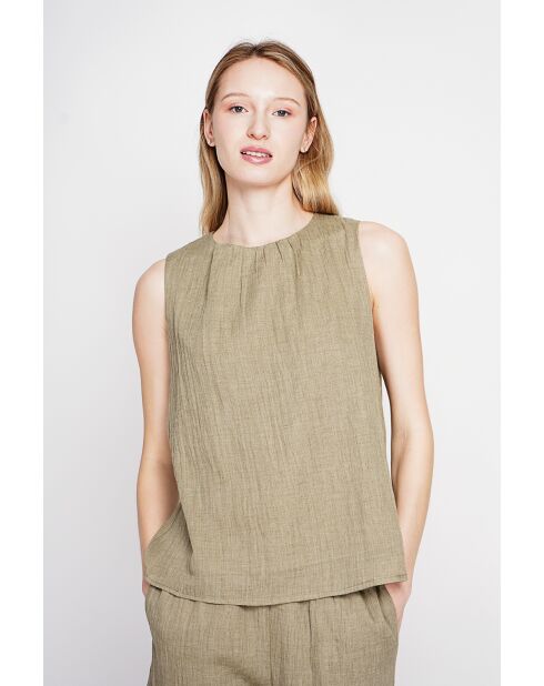 Sandrine Khaki S and M Leinenoberteil mit Rundhalsausschnitt
