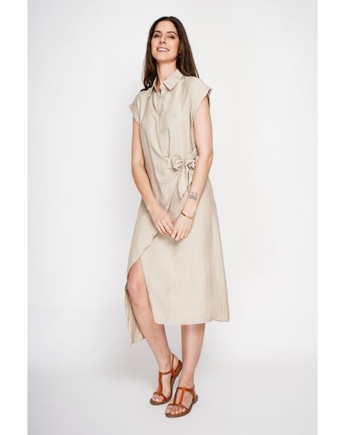 Beiges langes Kleid aus Leinenmischung mit Hemdkragen von Colette