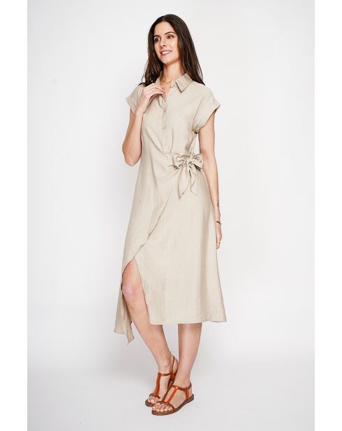 Beiges langes Kleid aus Leinenmischung mit Hemdkragen von Colette