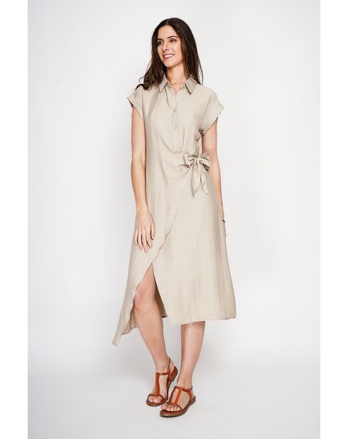 Beiges langes Kleid aus Leinenmischung mit Hemdkragen von Colette