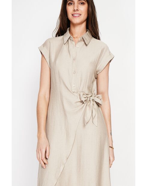 Beiges langes Kleid aus Leinenmischung mit Hemdkragen von Colette