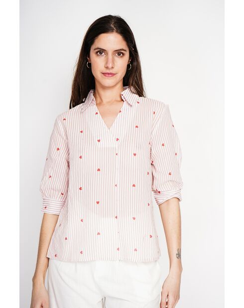 Blouse col chemise à rayure en lin mélangé Germaine rose
