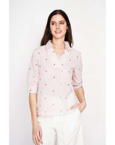 Blouse col chemise à rayure en lin mélangé Germaine rose