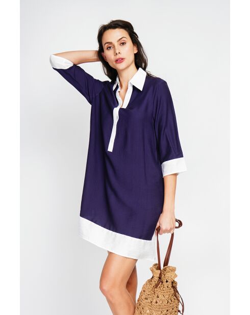 Bernadette marine tweekleurige linnen hemdjurk