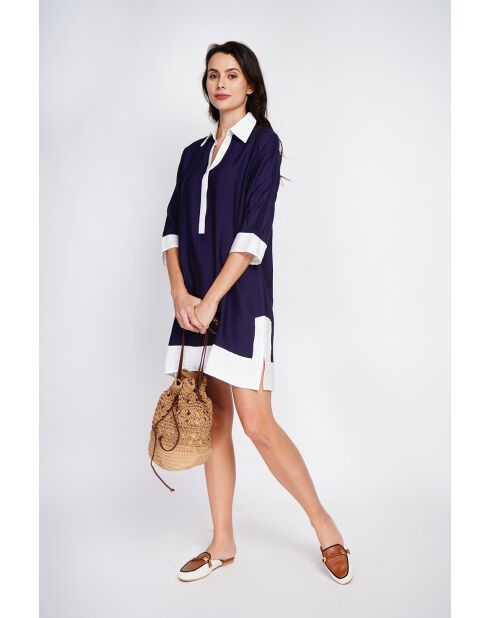 Bernadette marine tweekleurige linnen hemdjurk