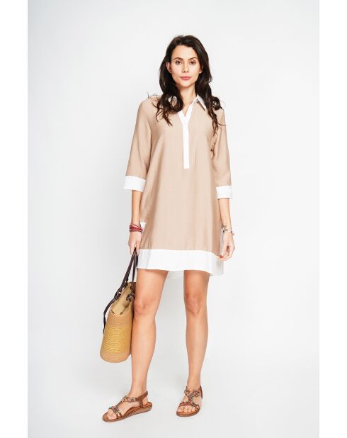 Bernadette camel tweekleurige linnen hemdjurk
