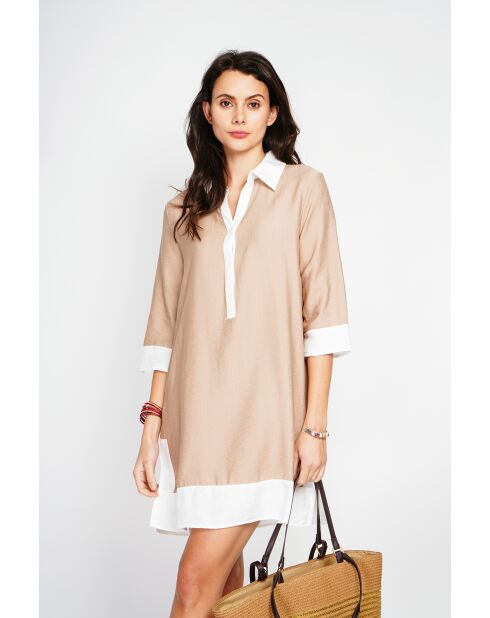Bernadette camel tweekleurige linnen hemdjurk