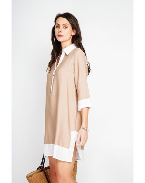 Bernadette camel tweekleurige linnen hemdjurk