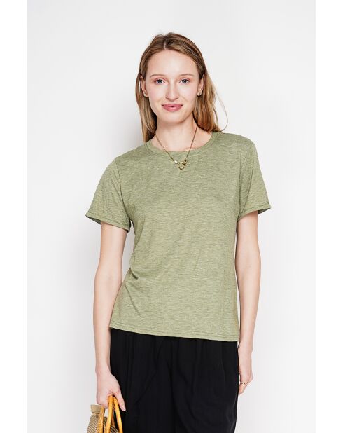 Licht kaki T-shirt van linnenmix met ronde hals Nicole