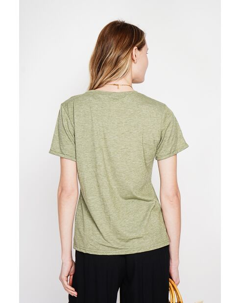 Licht kaki T-shirt van linnenmix met ronde hals Nicole