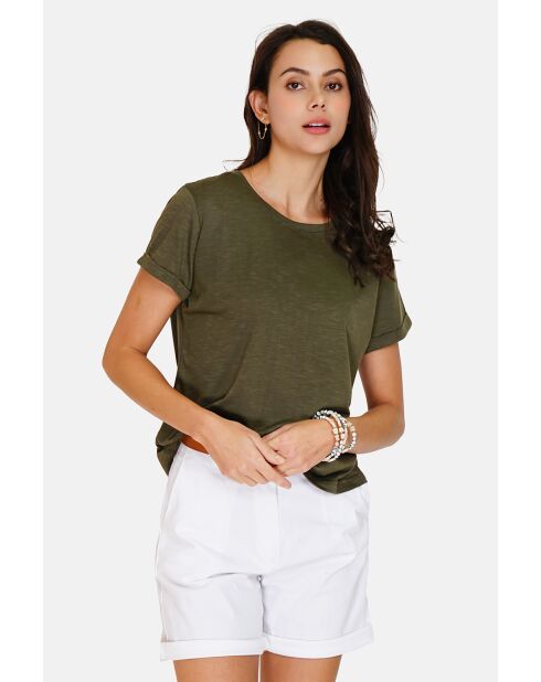 Francine hellkhakifarbenes Rundhals-T-Shirt aus Leinenmischung