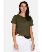 Francine T-shirt met ronde hals en lichte kaki linnenmix