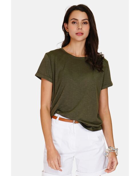 Francine hellkhakifarbenes Rundhals-T-Shirt aus Leinenmischung