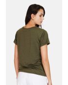 Francine T-shirt met ronde hals en lichte kaki linnenmix