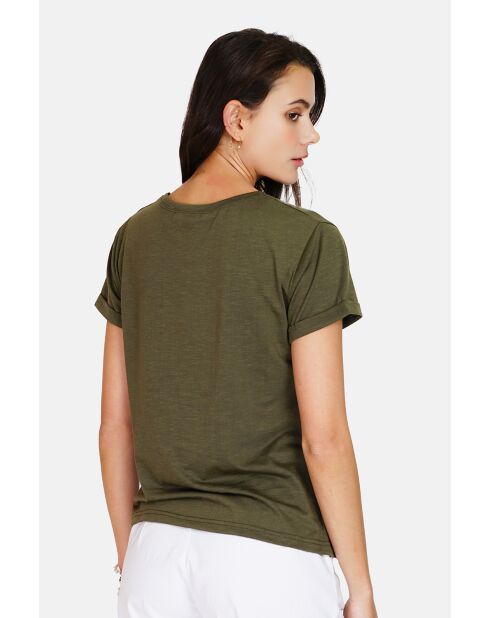 Francine hellkhakifarbenes Rundhals-T-Shirt aus Leinenmischung