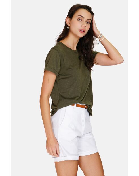 Francine hellkhakifarbenes Rundhals-T-Shirt aus Leinenmischung