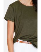 Francine T-shirt met ronde hals en lichte kaki linnenmix