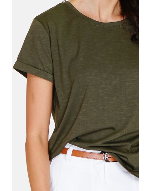 Francine hellkhakifarbenes Rundhals-T-Shirt aus Leinenmischung