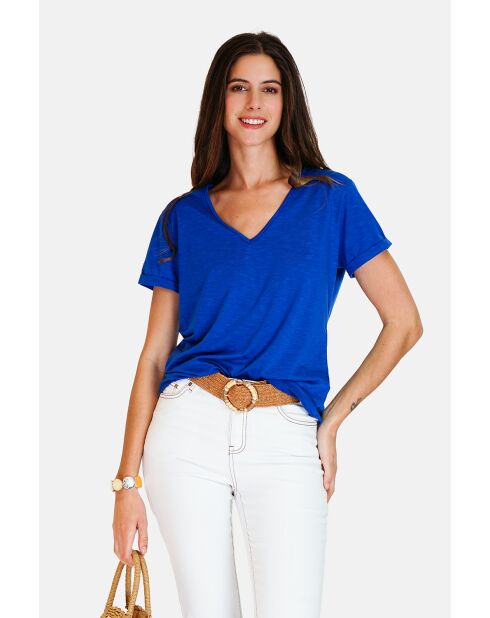 Josée royal T-shirt van linnenmix met V-hals