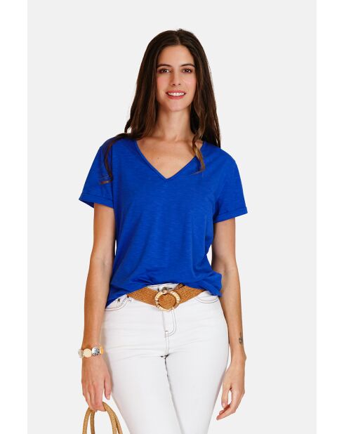 Josée royal T-shirt van linnenmix met V-hals