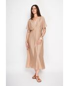 Antoinette langes Kleid aus kamelfarbener Leinenmischung mit V-Ausschnitt