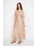 Antoinette langes Kleid aus kamelfarbener Leinenmischung mit V-Ausschnitt