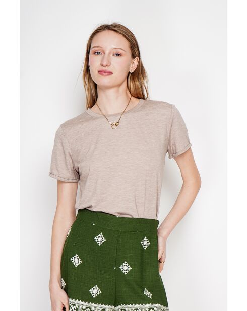 Beiges T-Shirt mit Rundhalsausschnitt aus Leinenmischung Nicole