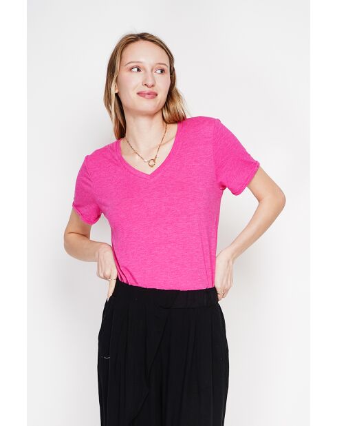 Michèle Fushia T-Shirt aus Leinenmischung mit V-Ausschnitt