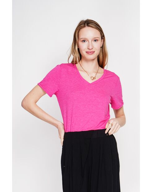 Michèle Fushia T-Shirt aus Leinenmischung mit V-Ausschnitt