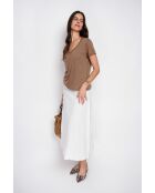 Josée Braunes T-Shirt aus Leinenmischung mit V-Ausschnitt