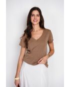Josée Braunes T-Shirt aus Leinenmischung mit V-Ausschnitt