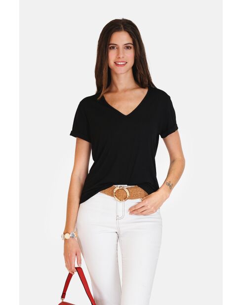 Josée schwarzes T-Shirt mit V-Ausschnitt aus Leinenmischung