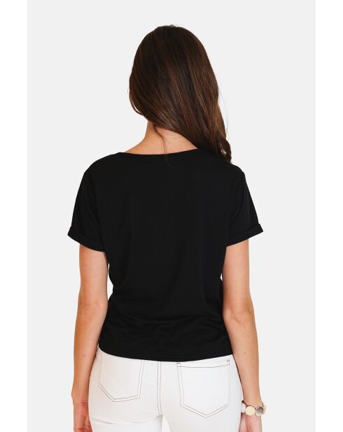 Josée schwarzes T-Shirt mit V-Ausschnitt aus Leinenmischung