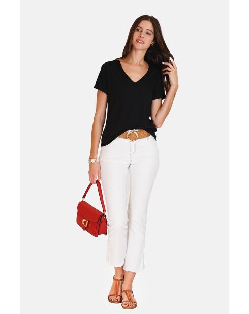 Josée schwarzes T-Shirt mit V-Ausschnitt aus Leinenmischung