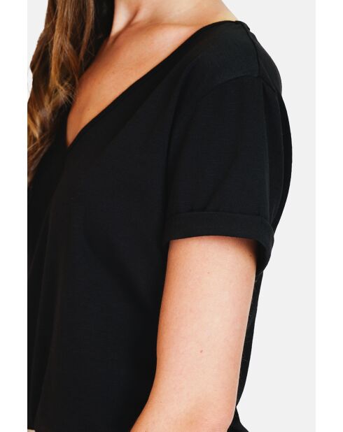 Josée schwarzes T-Shirt mit V-Ausschnitt aus Leinenmischung