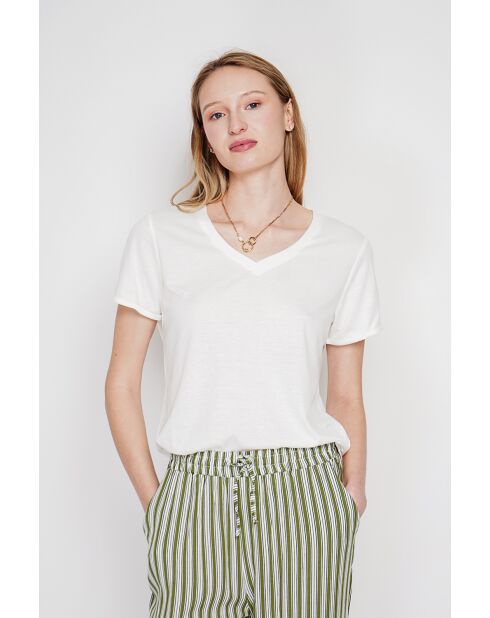 Michèle weißes T-Shirt mit V-Ausschnitt aus Leinenmischung
