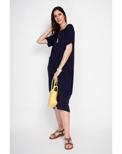 Annette marineblattes Kleid aus Leinenmischung mit U-Boot-Ausschnitt