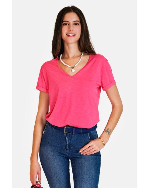 Josée fushia T-shirt van linnenmix met V-hals