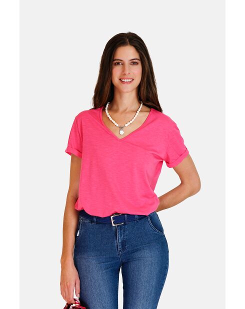Josée fushia T-shirt van linnenmix met V-hals
