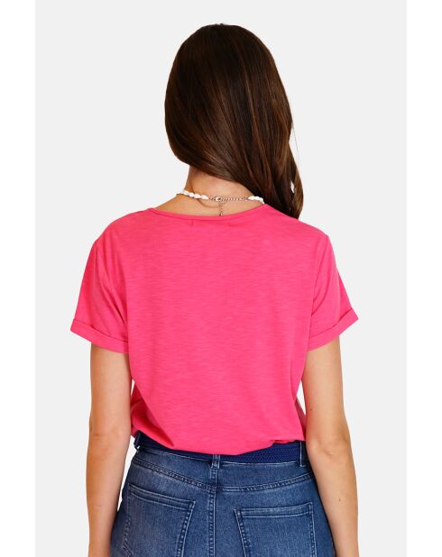 Josée fushia T-shirt van linnenmix met V-hals