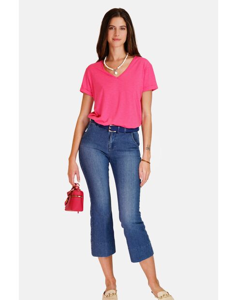 Josée fushia T-shirt van linnenmix met V-hals