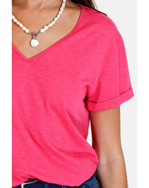 Josée fushia T-shirt van linnenmix met V-hals