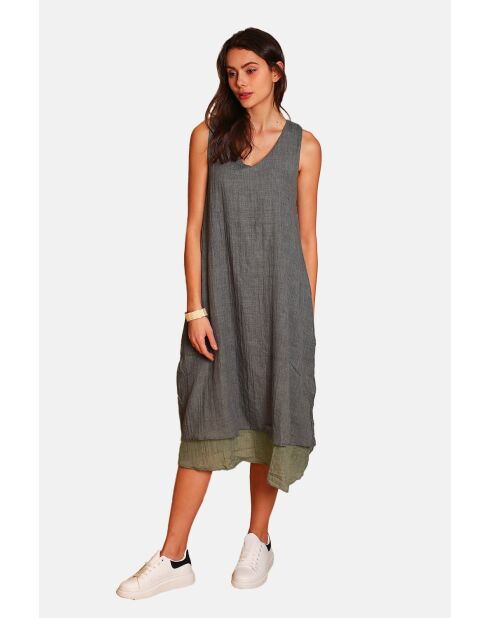 Kaki witte linnen vrijetijdsjurken met v-hals