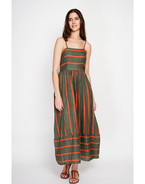 Bernadette khakifarbenes langes Sommerkleid aus Leinenmischung