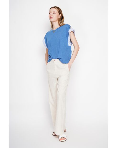 Martine Jeanblaues Oversize-T-Shirt mit Rundhalsausschnitt aus Leinenmischung