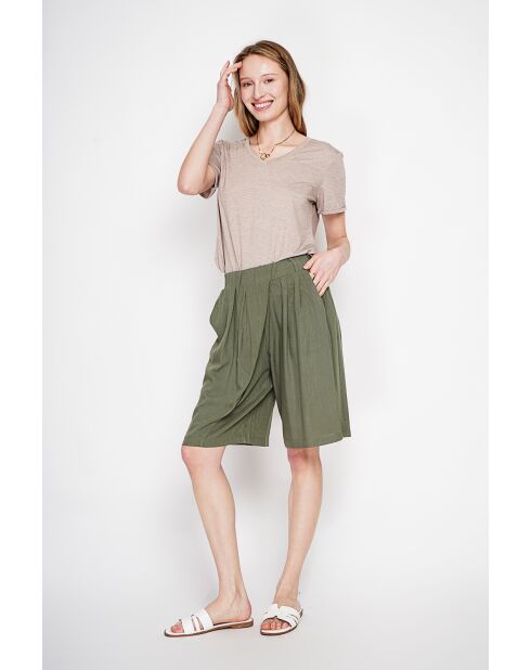 Michèle beigefarbenes T-Shirt mit V-Ausschnitt aus Leinenmischung